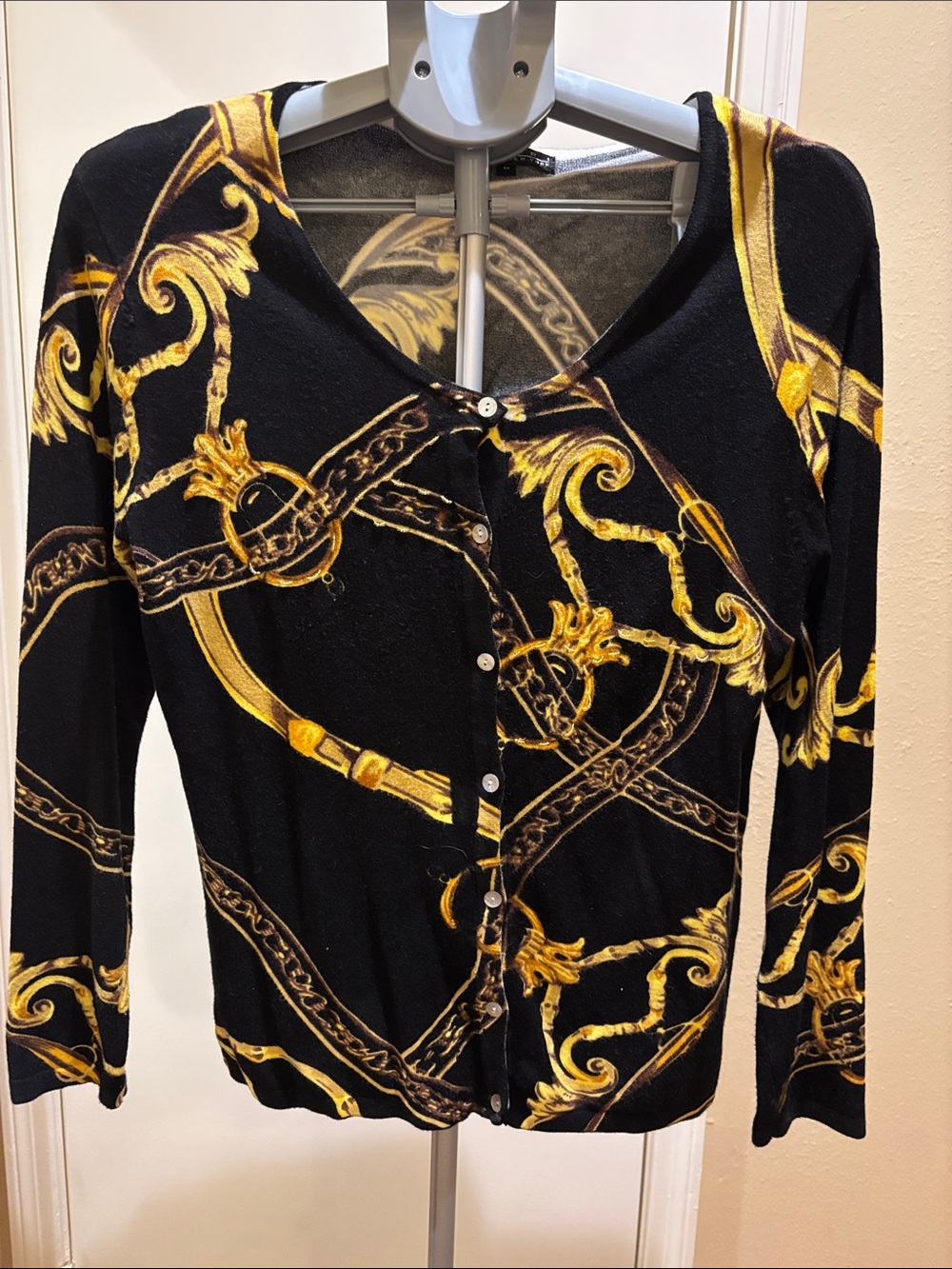 Pierri New York Black and Gold Chain-Print Button-Down Top